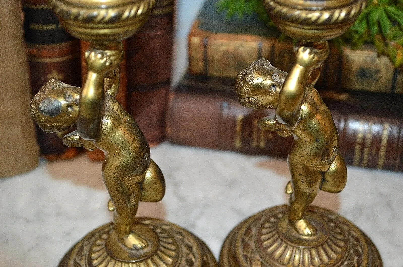 Antique Pair Brass Cherub Candle Holders Pairpoint Candlesticks 4978